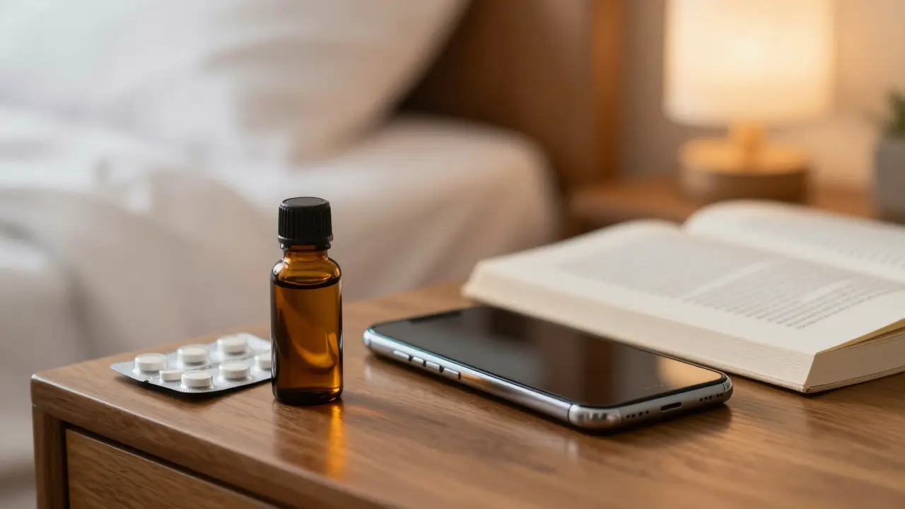 Lahev s CBN olejem a tablety melatoninu na nočním stolku