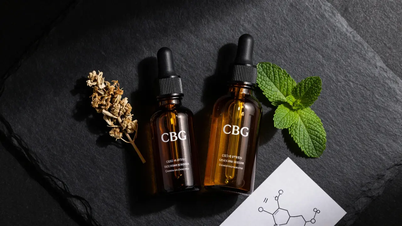 Luxusné lahvičky s CBG a CBD oleji na černém pozadí