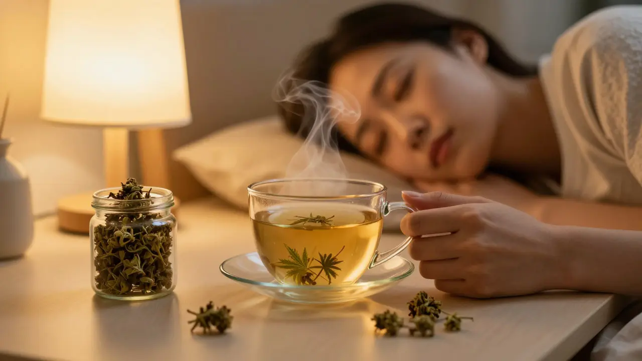 Osoba relaxující s čajem z konopných květů večer