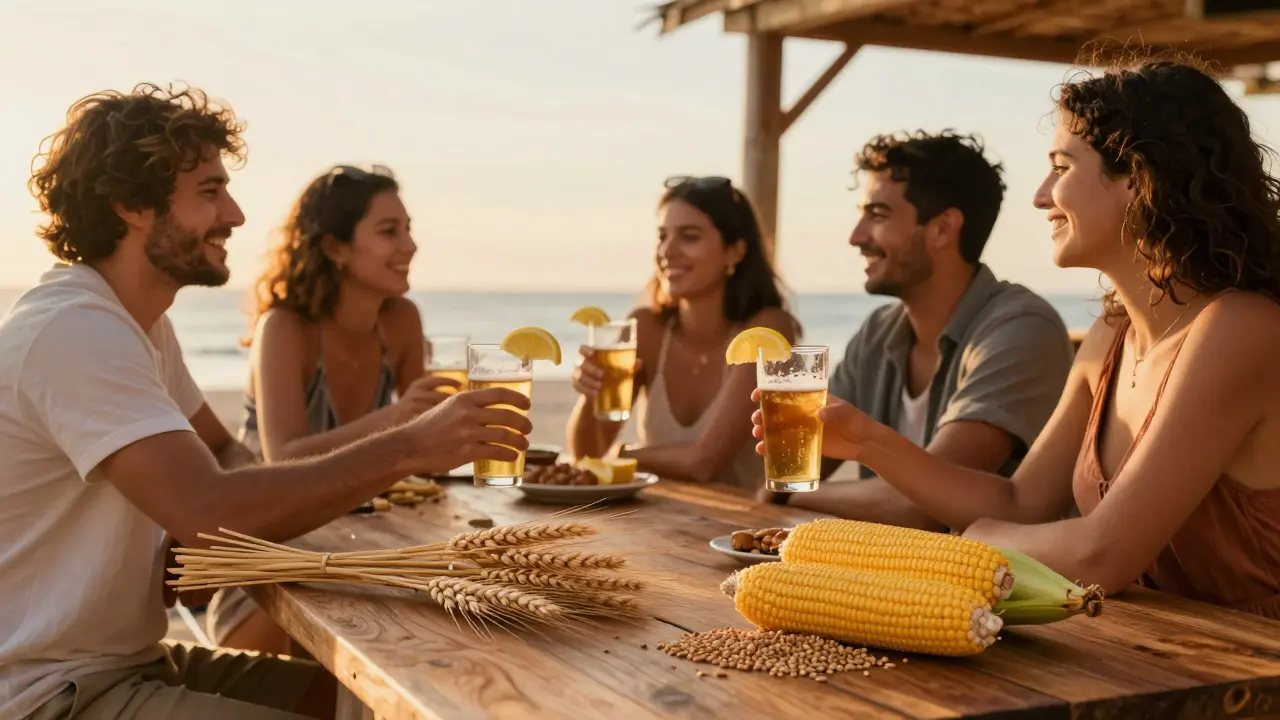Přátelé pijí pivo na mexické pláži za západu slunce