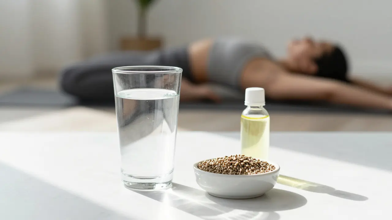 Sklenice vody a konopný olej pro detoxikaci