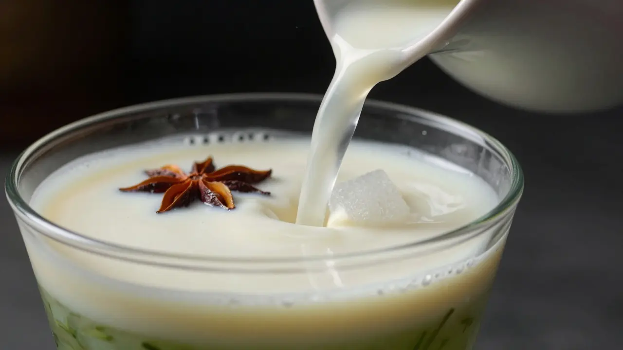 Záběr na efekt louche: voda míchaná s absintem vytváří mléčnou emulzi