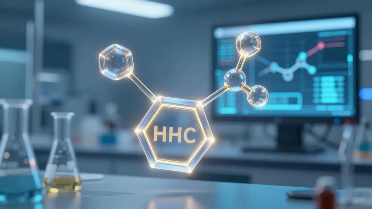 Abstraktní ilustrace molekuly HHC v laboratorním prostředí