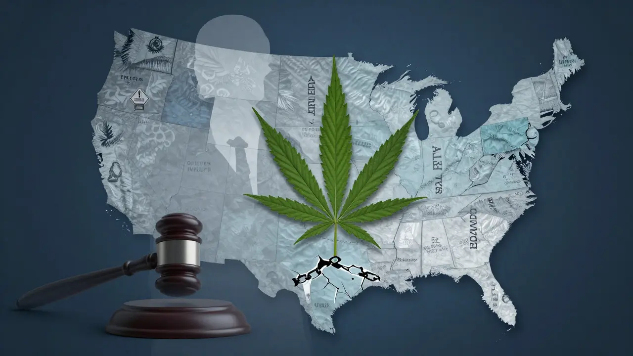 Abstraktní mapa USA znázorňující složité zákony o konopí