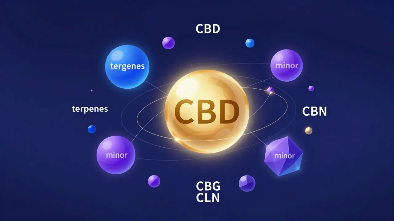 Abstraktní vizualizace entourage efektu kanabinoidů a terpenů