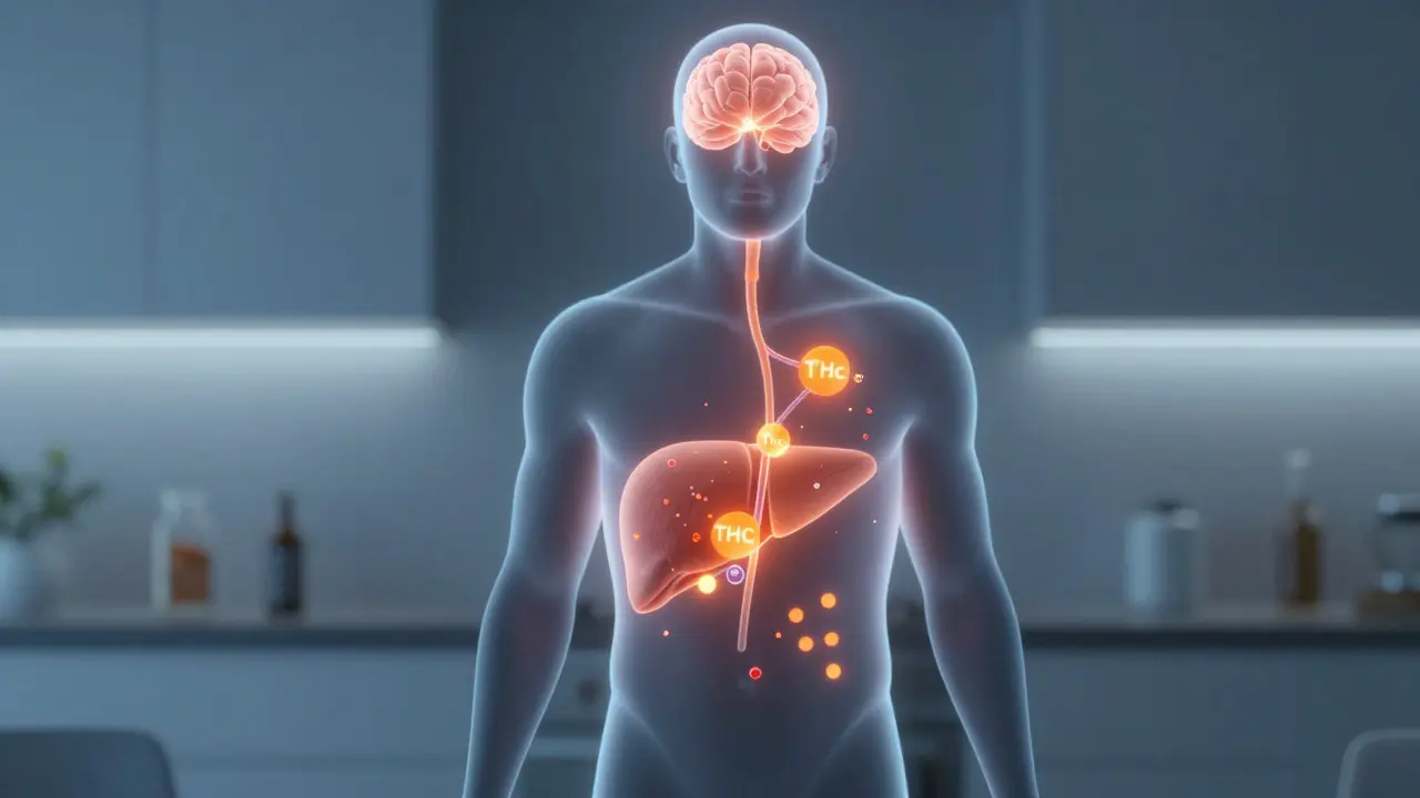 Abstraktní vizualizace metabolismu THC v lidském těle