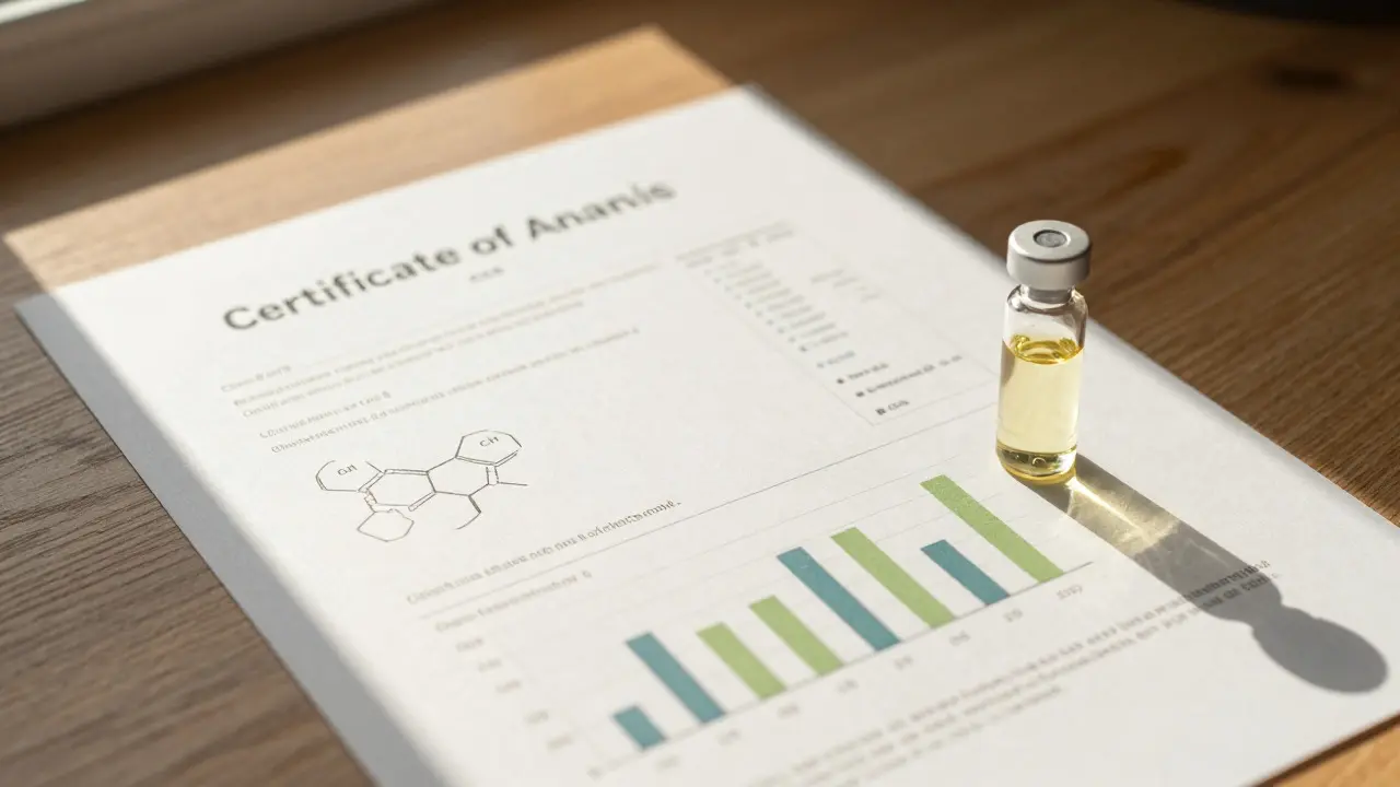Certifikát analýzy a lahev oleje na dřevěném stole při denním světle