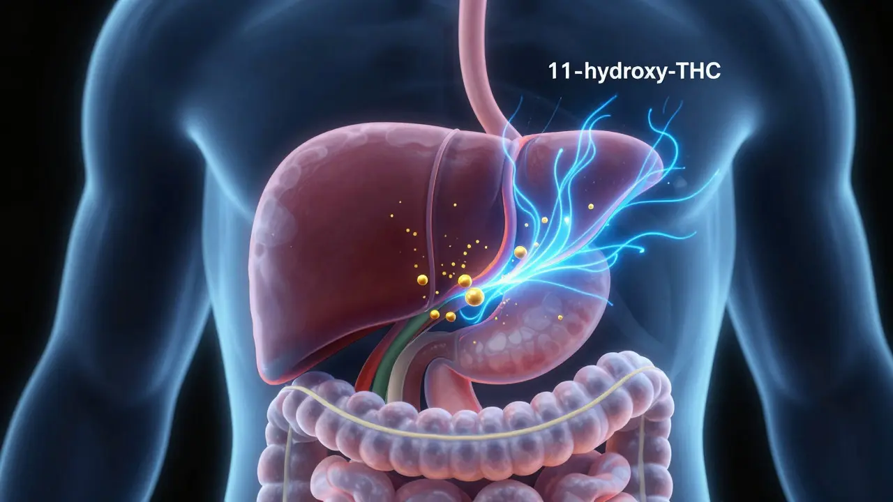 Konceptuální ilustrace trávení konopí v játrech a přeměny THC