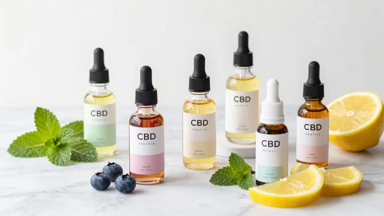 Lahev CBD oleje s přírodními příchutěmi a čerstvými ingrediencemi