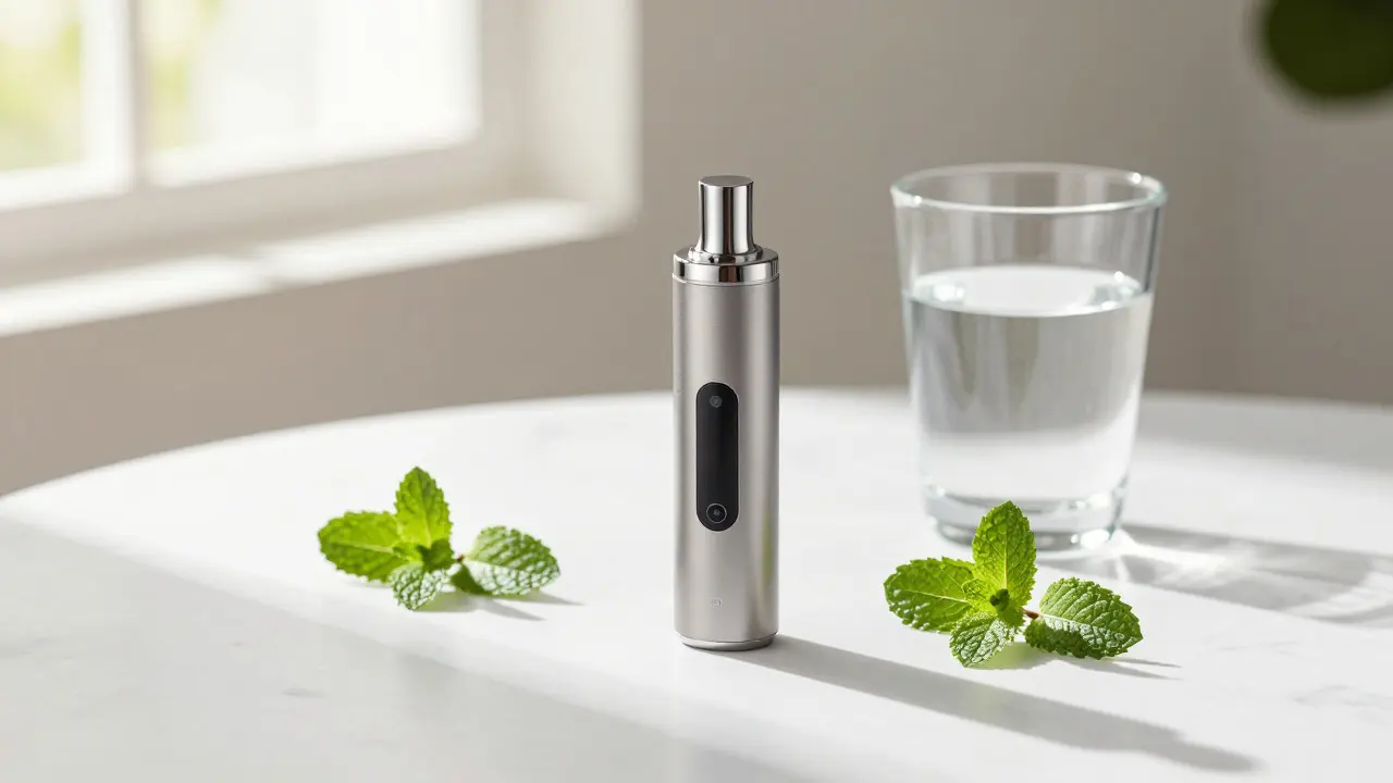Moderní vaporizér a sklenice vody na mramorovém stole