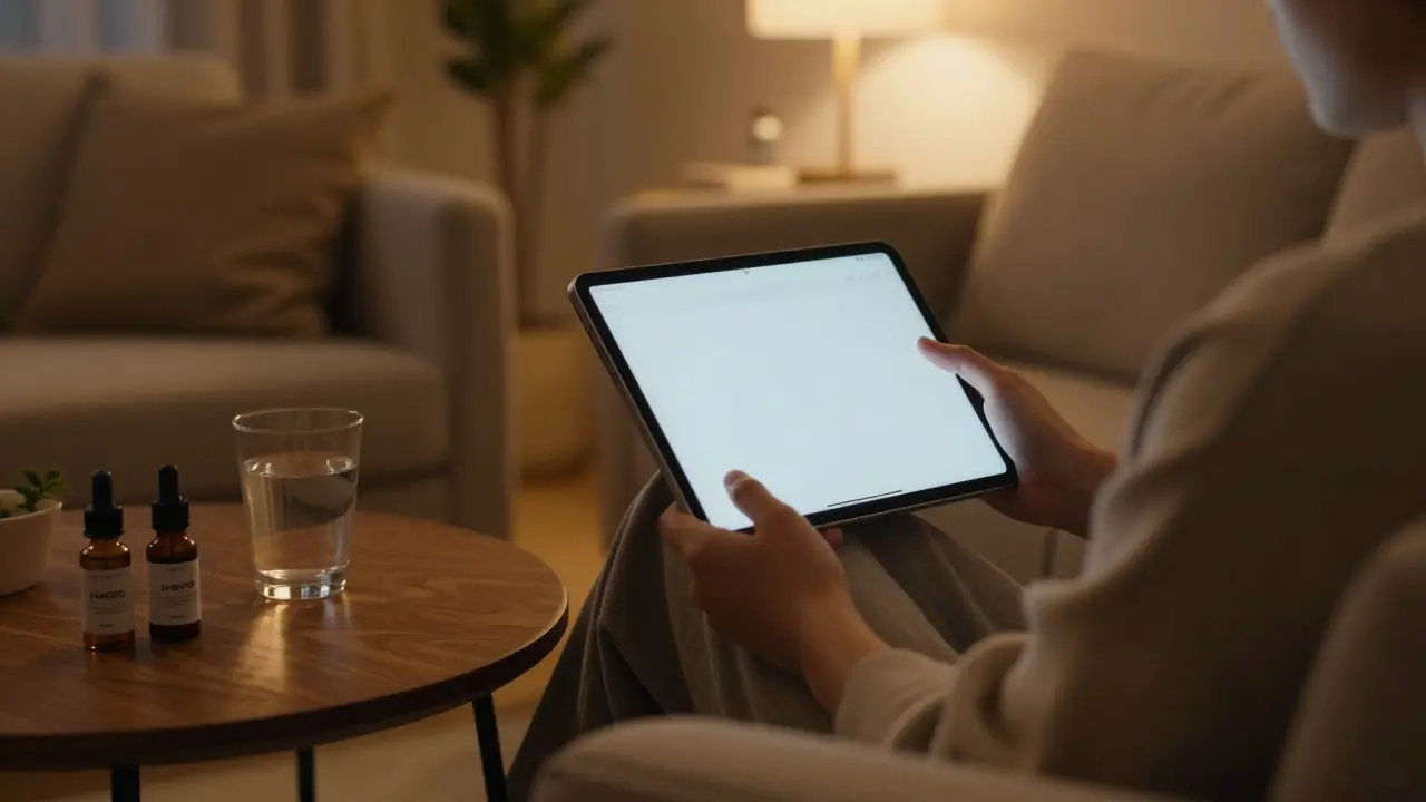 Osoba relaxující večer s lahvičkami kanabinoidů