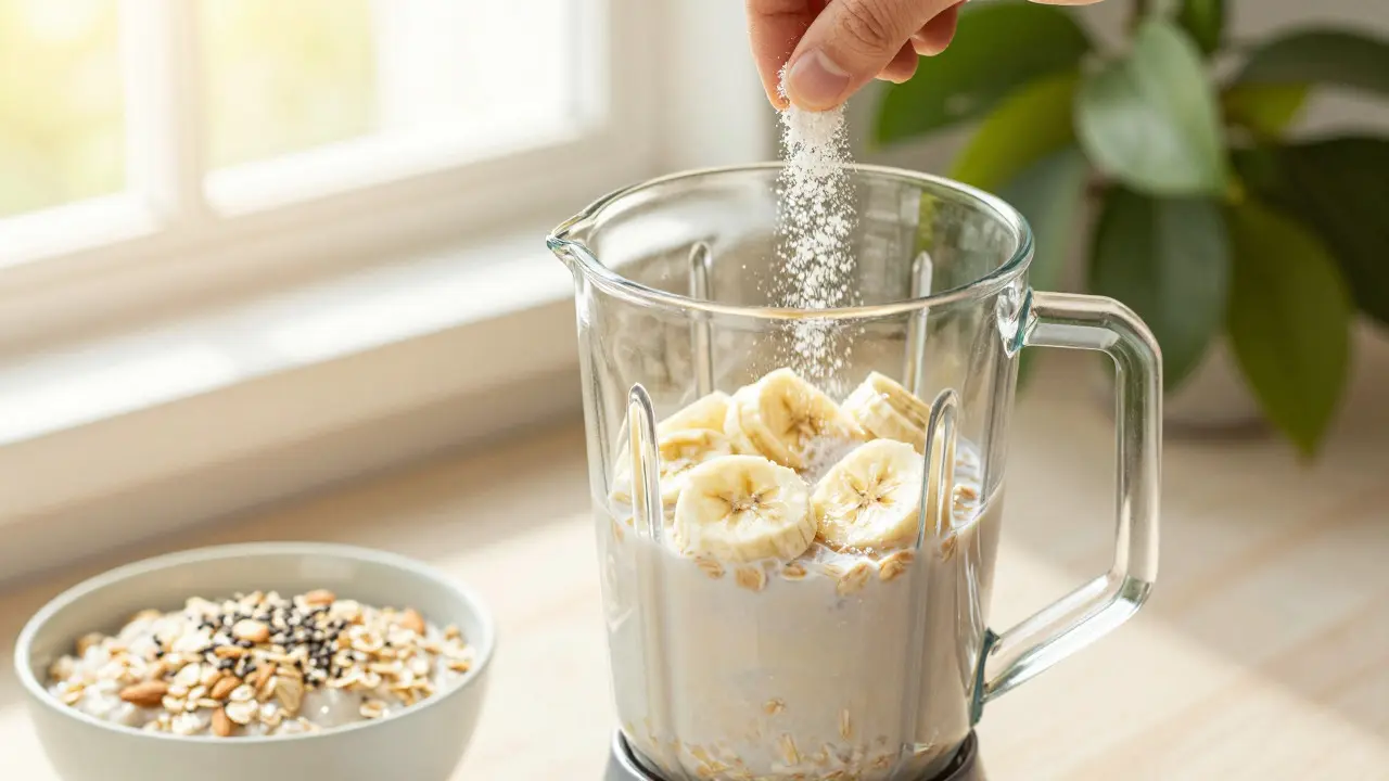 Přidávání CBD krystalů do ranního smoothie s banány a ovesným mlékem
