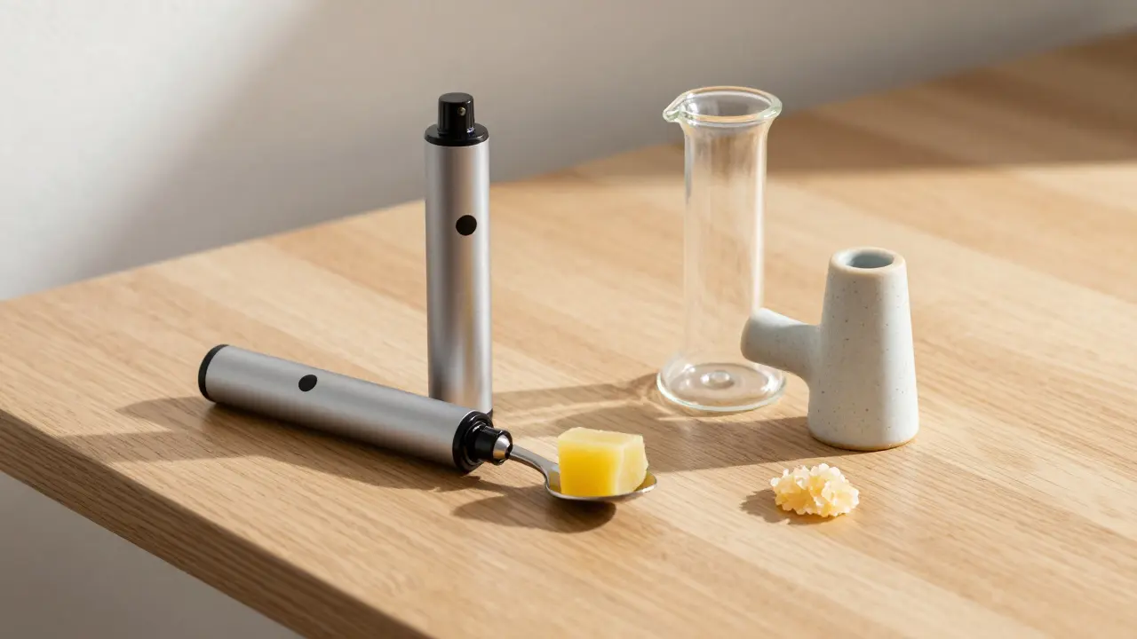Scéna použití CBD: dab pen s voskem a skleněný rig se shatterem na dřevěném stole.