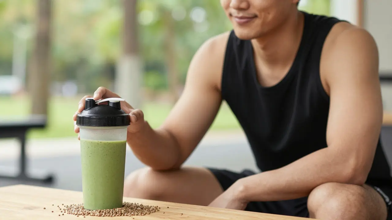 Sportovec s proteinovým nápojem z konopného prášku po tréninku