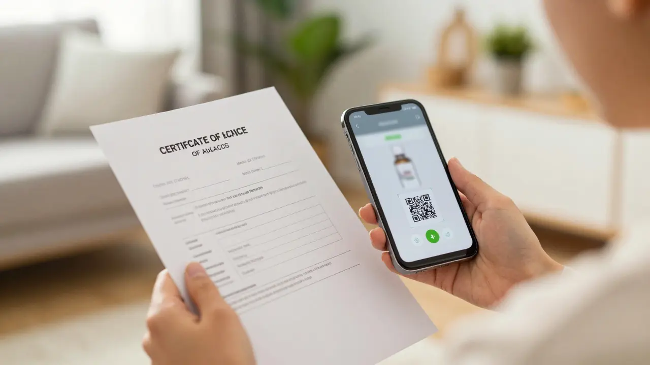 Spotřebitel ověřuje certifikát kvality u lahvičky s CBD olejem