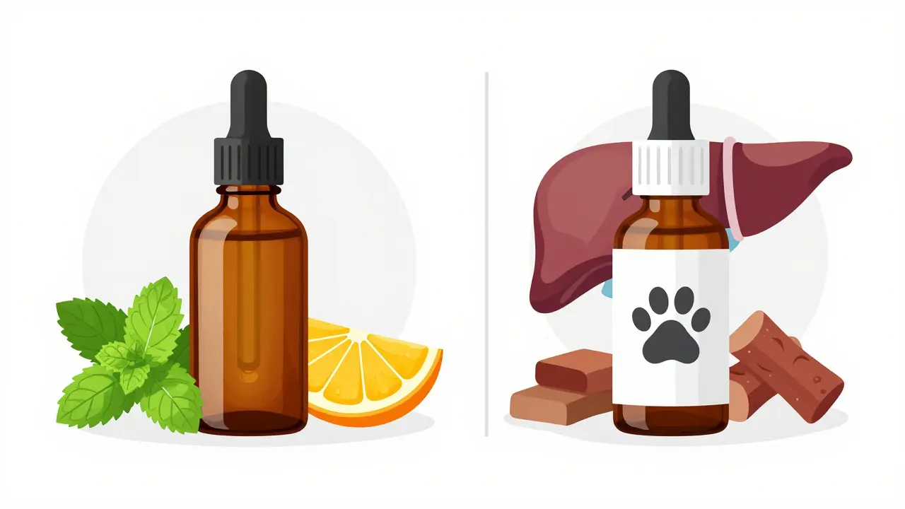 Srovnání lahviček lidského a veterinárního CBD oleje vedle sebe