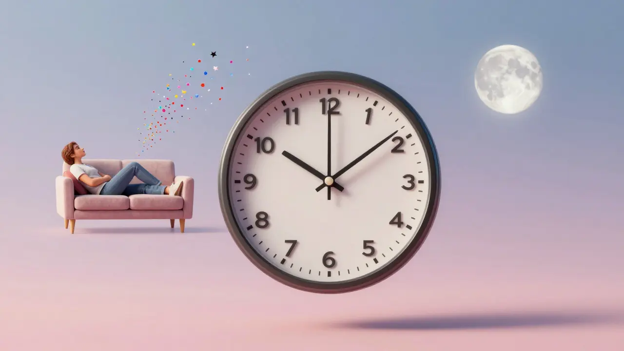 Surrealistické zobrazení času a fází účinku konopných edibles