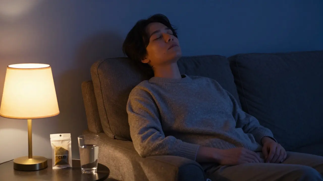 Uvolněná osoba v křesle s balením CBD hashiše