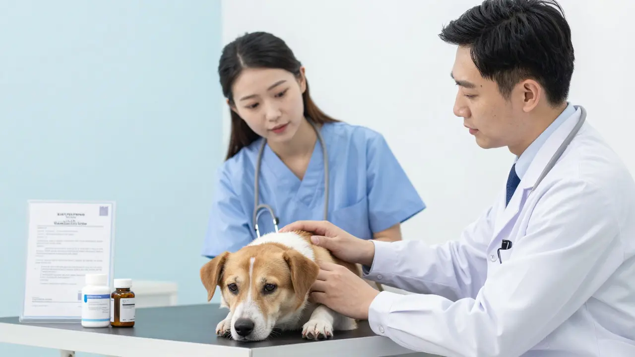 Veterinář vyšetřuje psa na klinice s doplňky stravy na stole