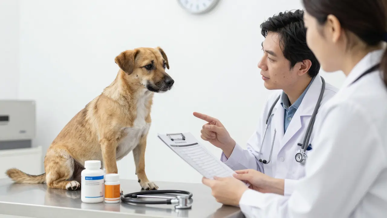 Veterinář vyšetřuje psa v ordinaci při konzultaci o dávkování
