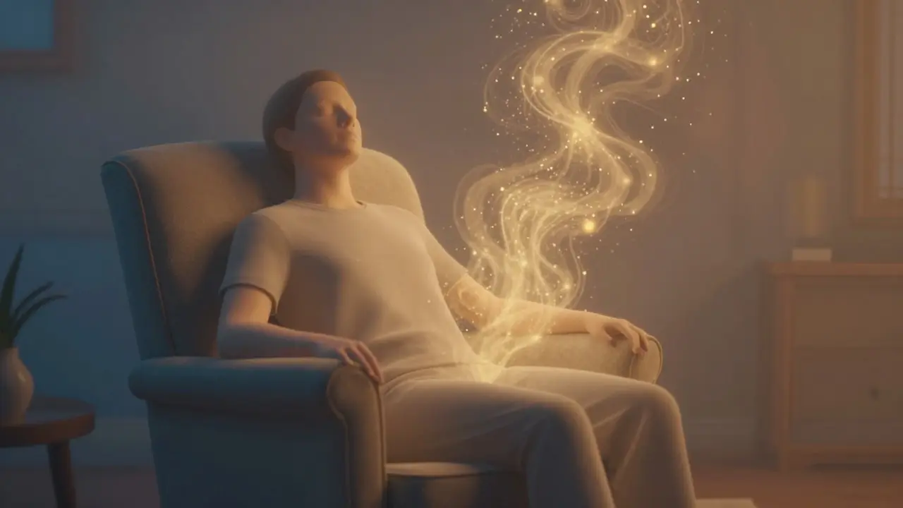 Abstraktní ilustrace klidu a relaxace s zlatými částicemi