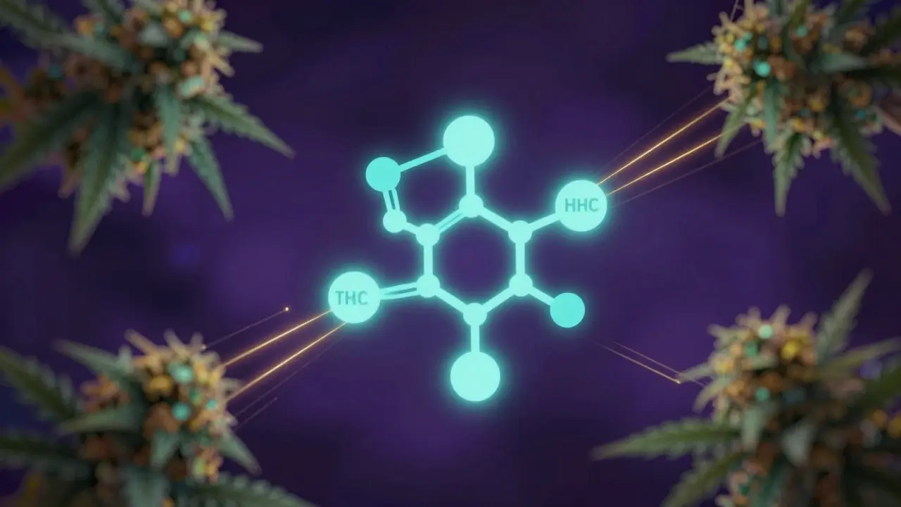 Abstraktní ilustrace molekulární struktury HHCP s neonovými barvami a organickými tvary