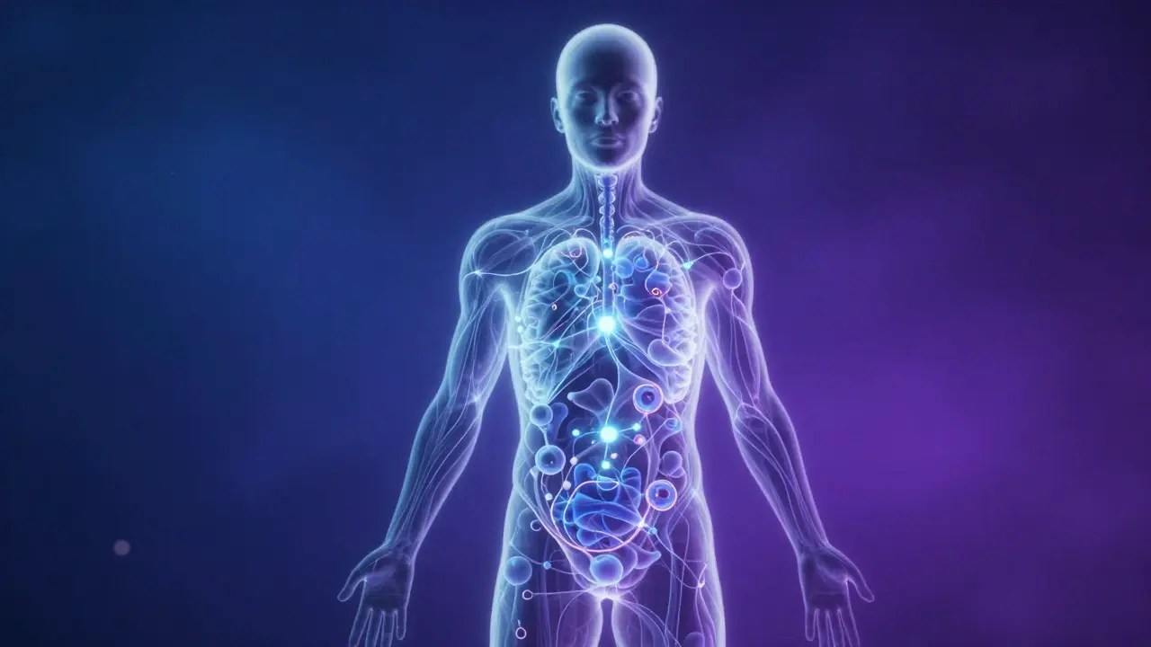 Abstraktní silueta lidského těla s plovoucími molekulami představující metabolismus