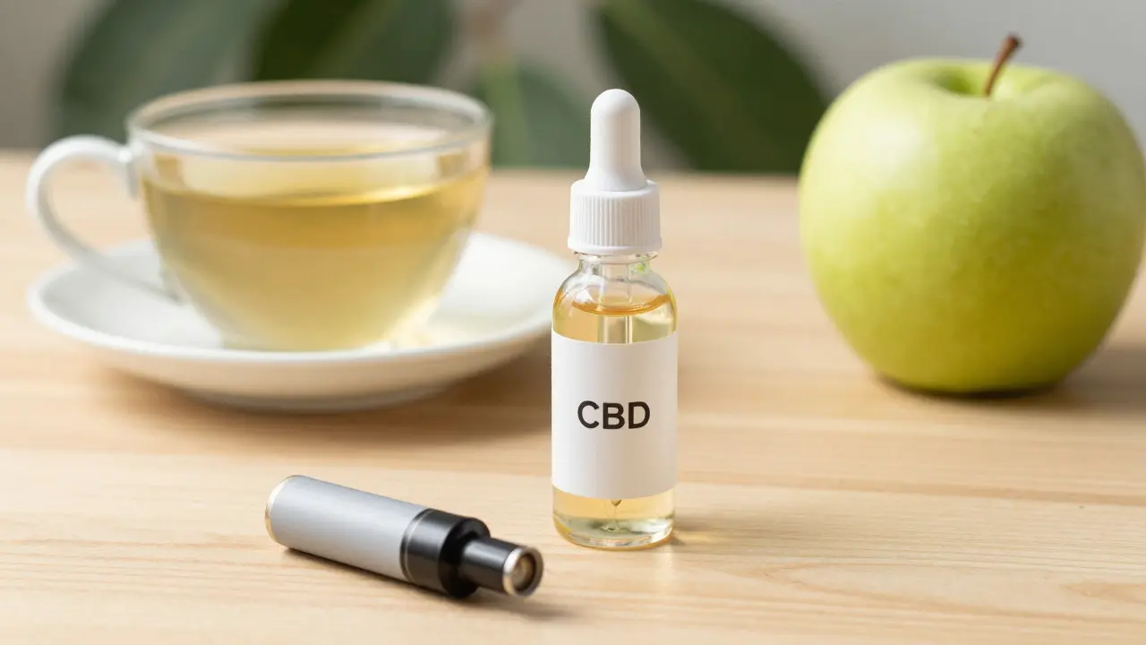 Bottle CBD oleje a čaj na stole jako bezpečná alternativa k vaping