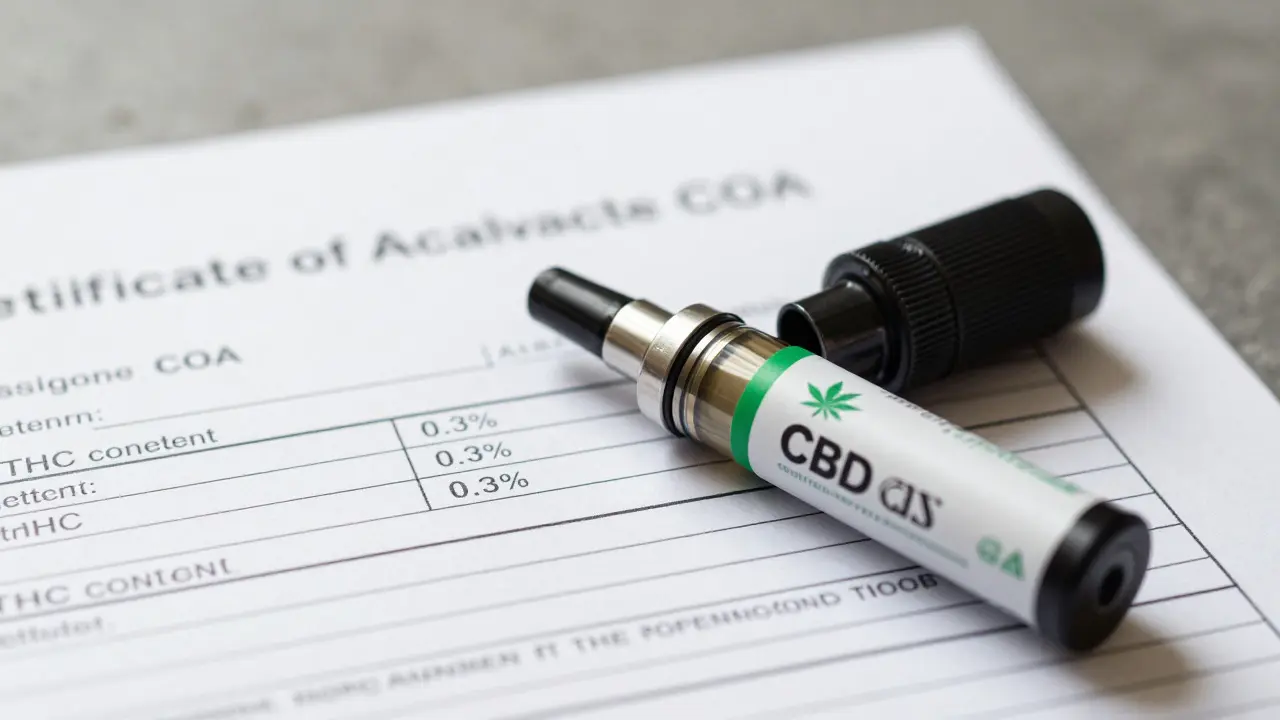 CBD kartuše a baterie vedle laboratorního protokolu COA
