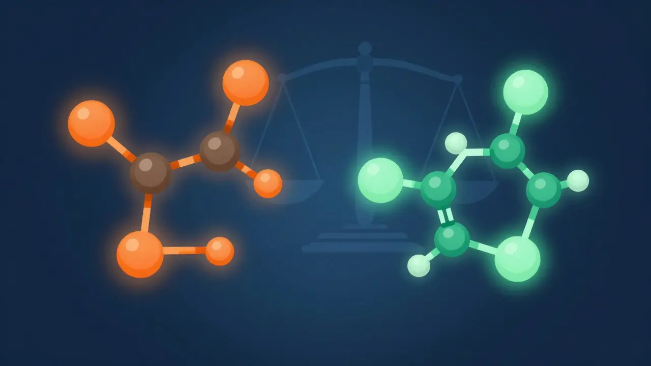 Conceptual art showing two glowing molecular structures on a dark background