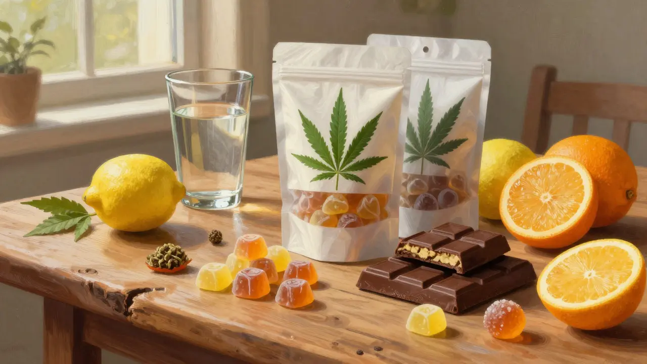 Edible produkt z konopí a citrusové plody na dřevěném stole při přirozeném světle