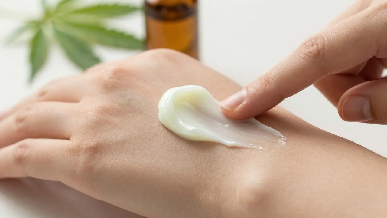 Hand applying a small amount of white CBD cream to skin