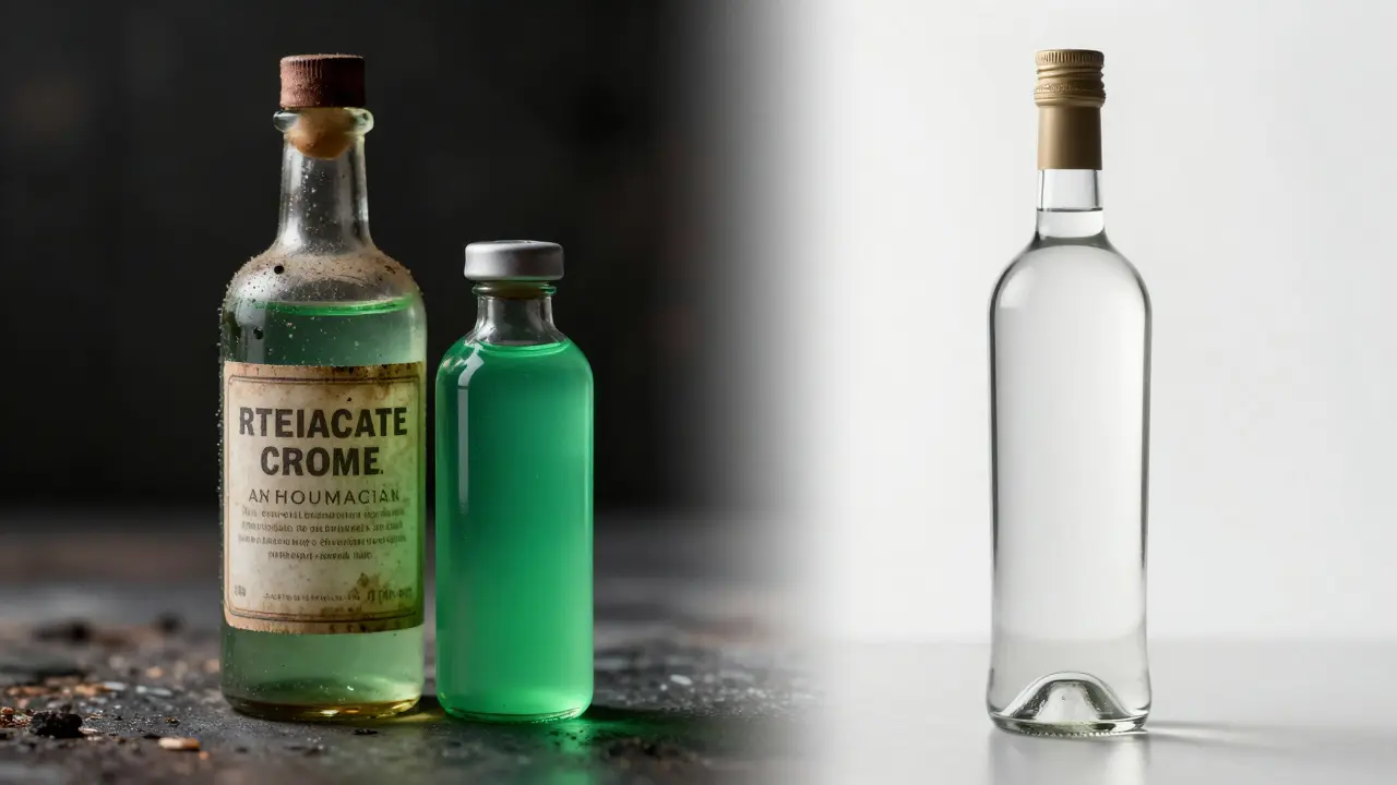 Kontrast mezi nebezpečným historickým barvivem a bezpečným moderním absintem