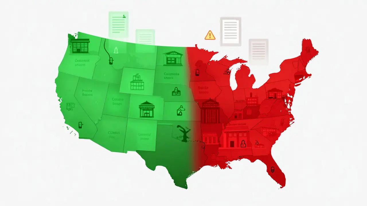Mapa USA rozdělená na legální a zakázané zóny pro kanabinoidy