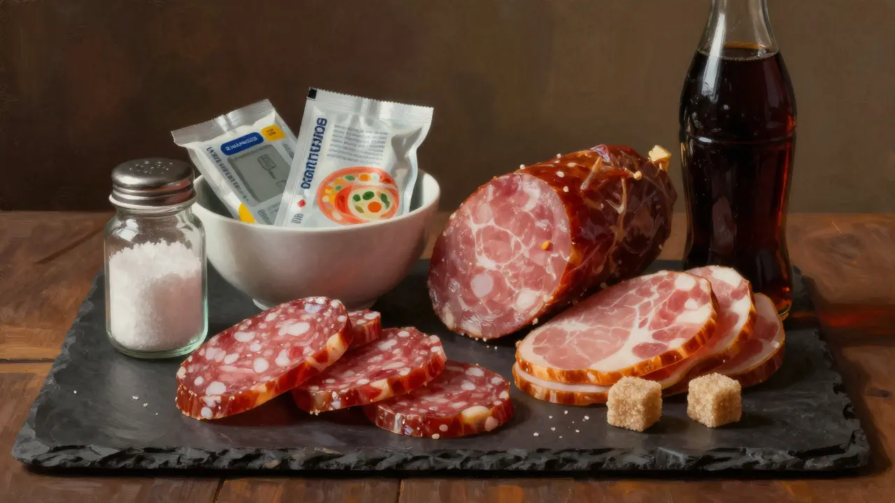Nákladné jídla jako šunka, sůl a cukr uspořádané na tmavém podnosu