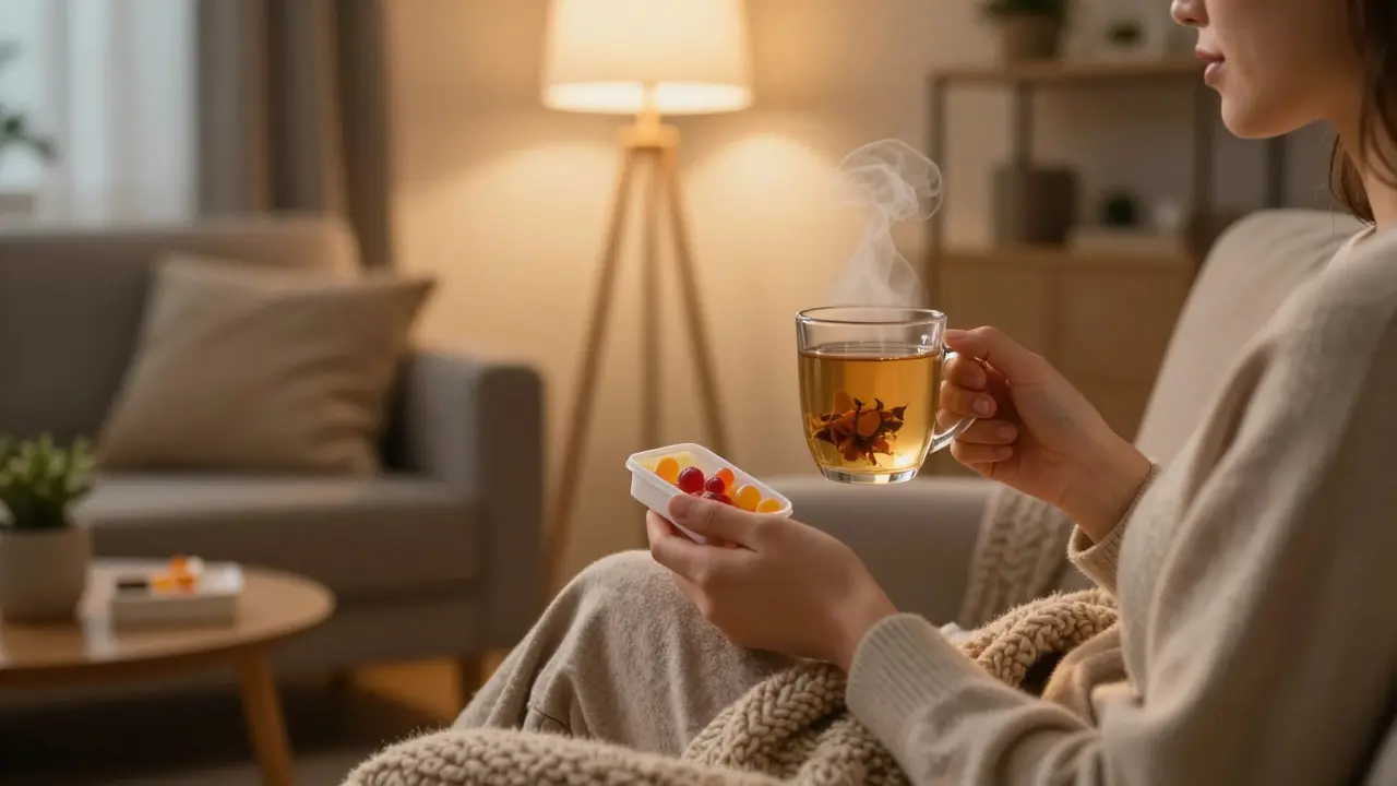 Osoba sedící v křesle večer s hrnkem čaje a krabičkou gummies