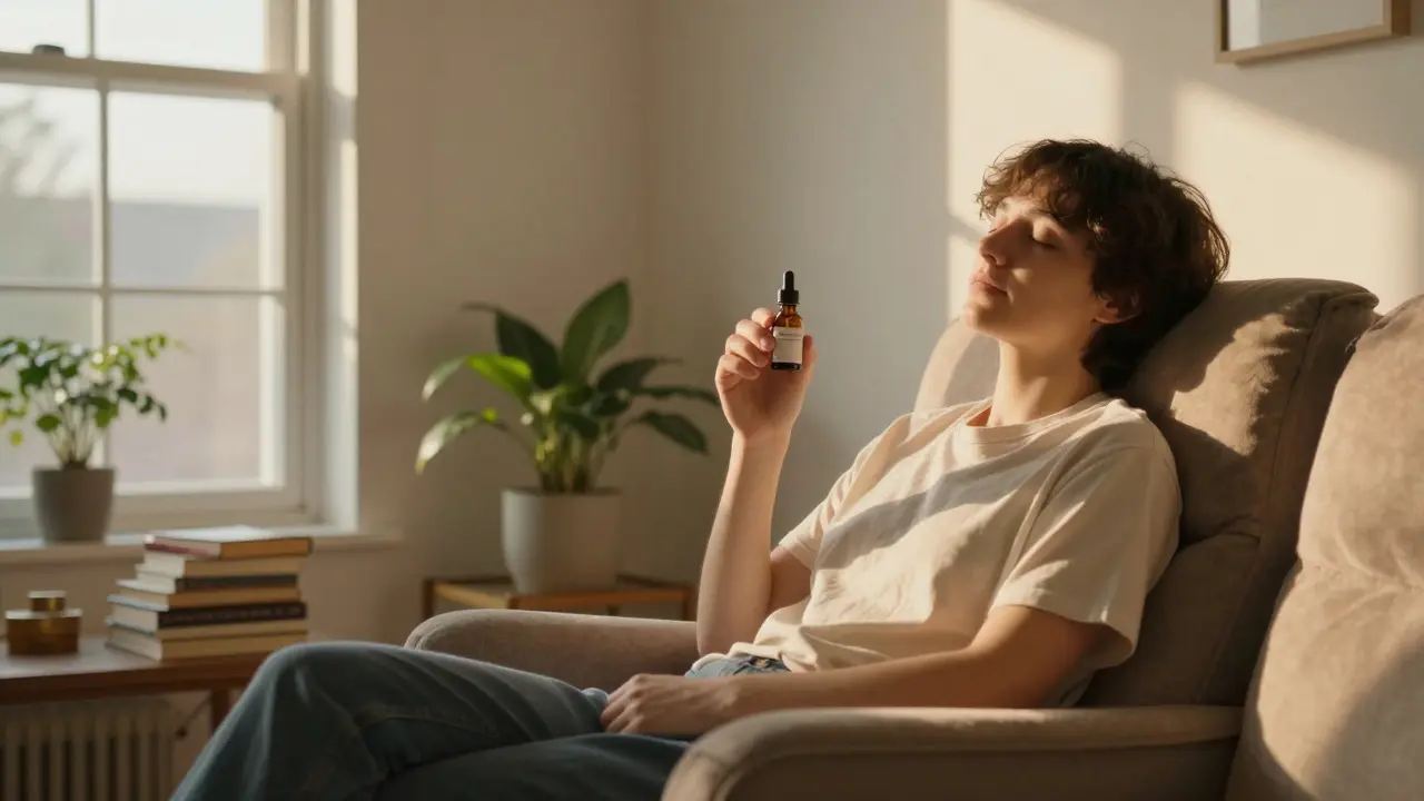 Osoba v klidné relaxaci v obývacím pokoji držící lahvičku tinktury ve slunečním světle