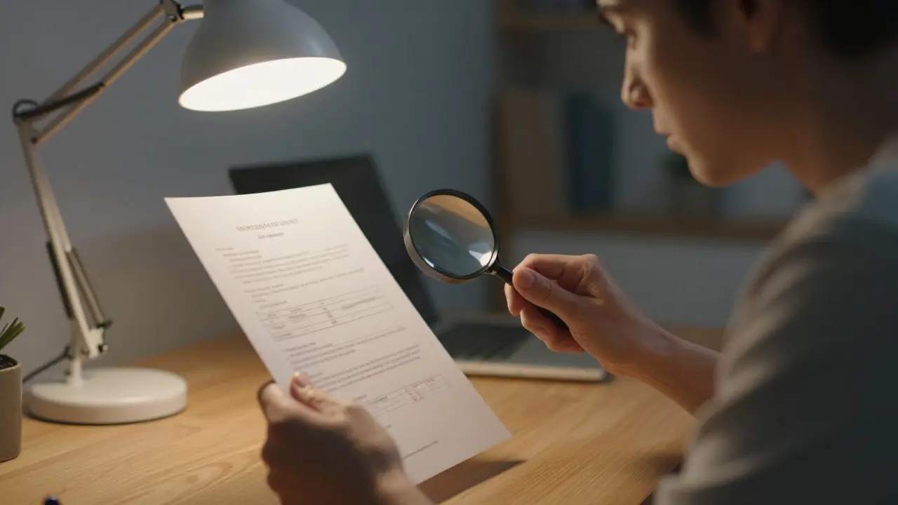 Person using a magnifying glass to inspect a printed document at a desk