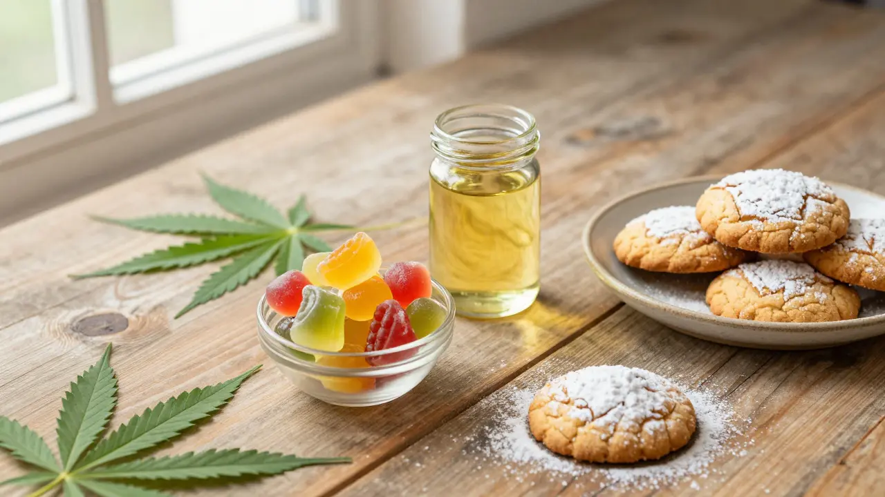 Plošná kompozice s CBD olejem, gummies a sušenky na dřevěném stole