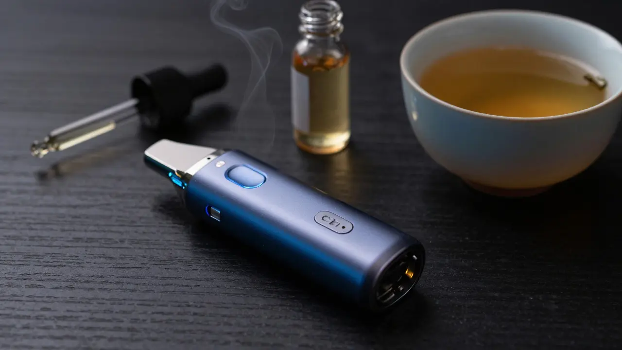 Vape zařízení vedle lahvičky oleje a čaje jako bezpečnější alternativy