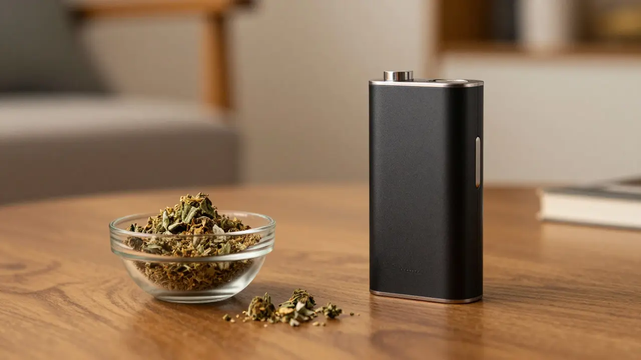 Vaporizátor vedle misky s rozdrobeným CBD crumble na dřevěném stole