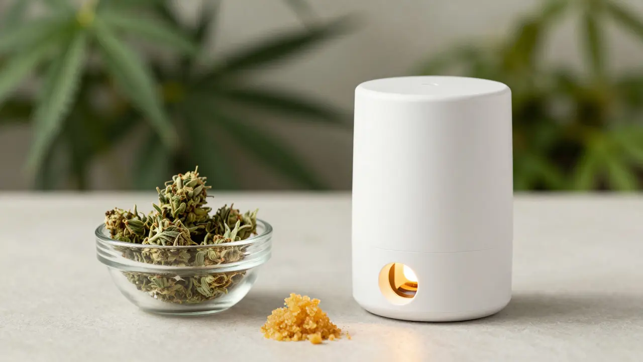 Vaporizér vedle mísy s konopnými květy a CBD koncentrátem