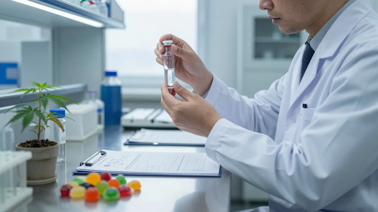 Vědec v laboratoři zkoumá látku vedle certifikátů a gumiček