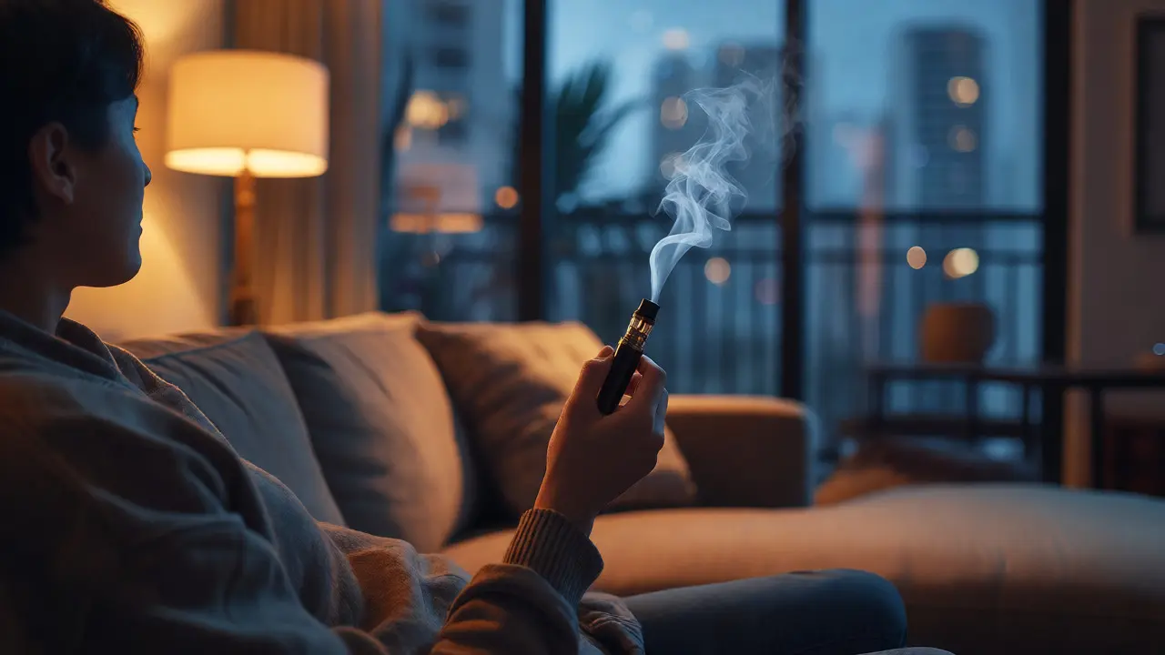 Člověk relaxující večer s vape perem a jemným obláčkem páry v útulném interiéru.