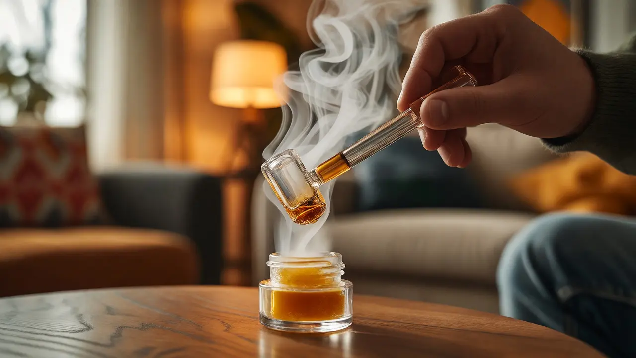 Detailní záběr na dabbing s horkým hrotem a stoupající párou z CBD waxu