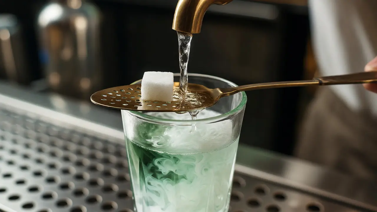 Detailní záběr na tradiční přípravu absintu s kapající vodou a louche efektem.