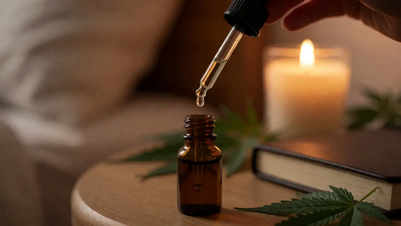 Kapka CBD oleje na jazyku v nočním prostředí