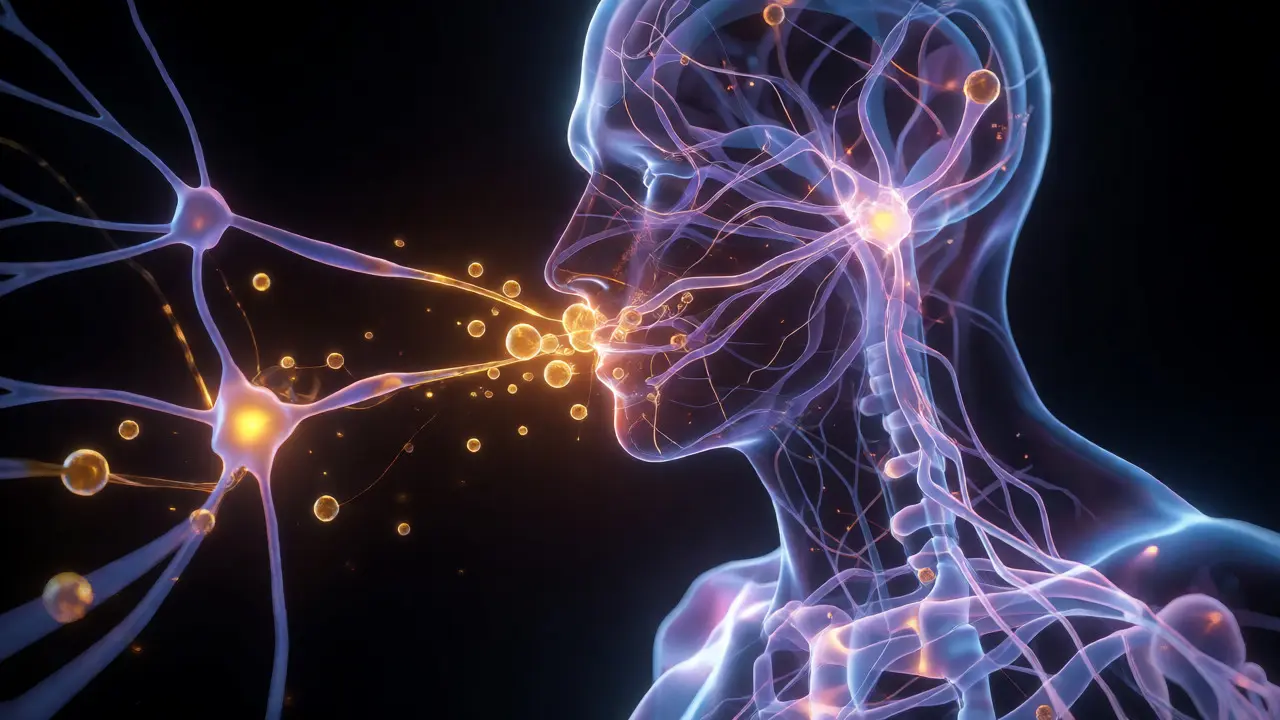 Konceptuální vizualizace interakce molekul CBD s receptory endokanabinoidního systému.