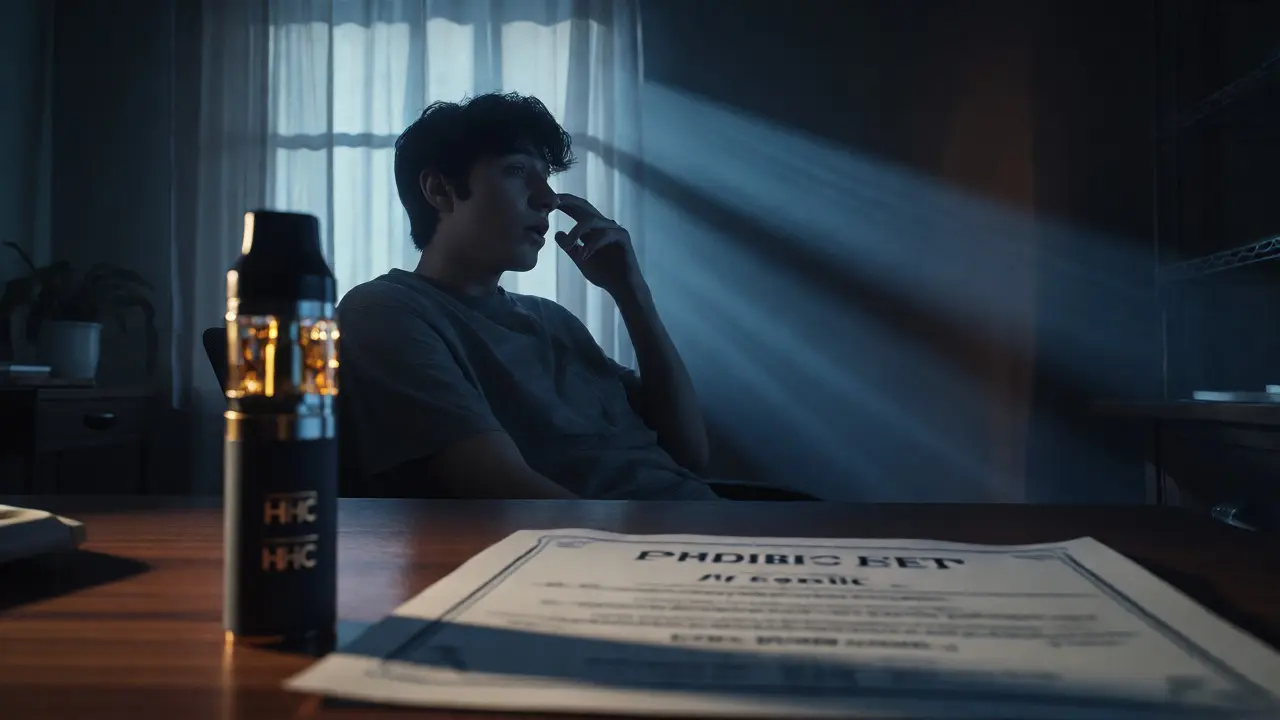 Osoba v tiché místnosti s vape perem, znázorňující efekt mlhy v hlavě