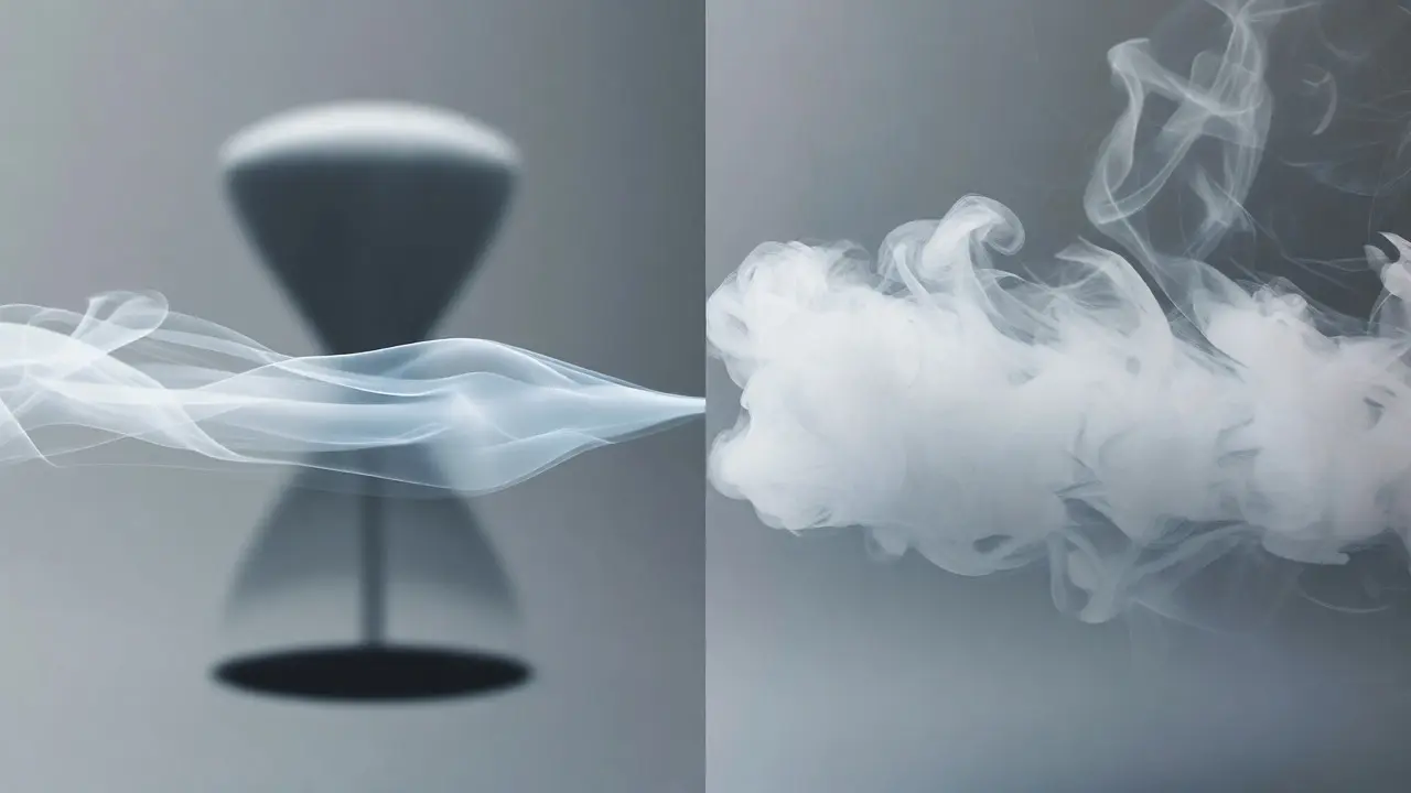 Porovnání dvou stylů inhalace pomocí hustoty a tvaru páry na neutrálním pozadí.